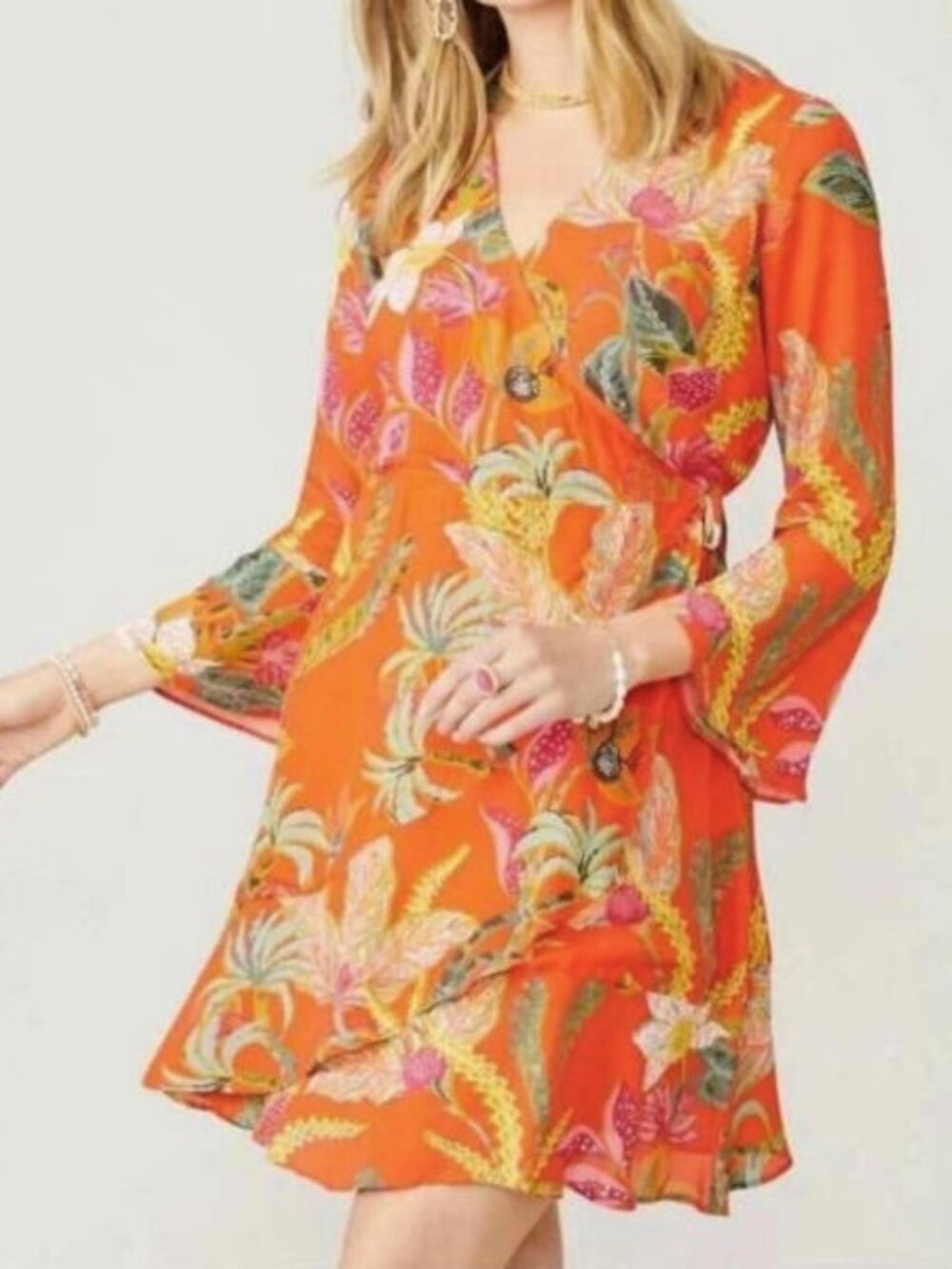 Spartina 449 Dress Size L Rosalee Wrap Bell Sleeves Floral Tiered Ruffle Tropic
